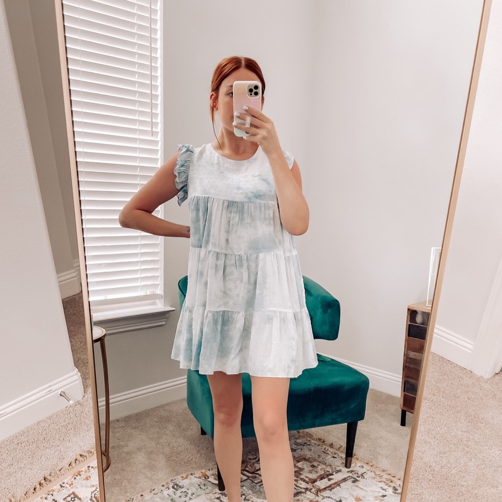 Blue cloud mini dress with ruffled sleeves!
